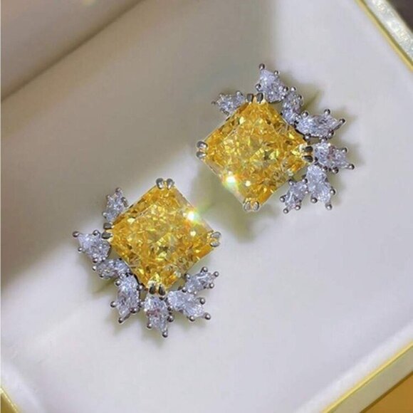 Yellow Radiant Cut Crystal Stud Earrings W/ CZ Halo 1.6cm X 1.3cm Elegant Square - Picture 1 of 4